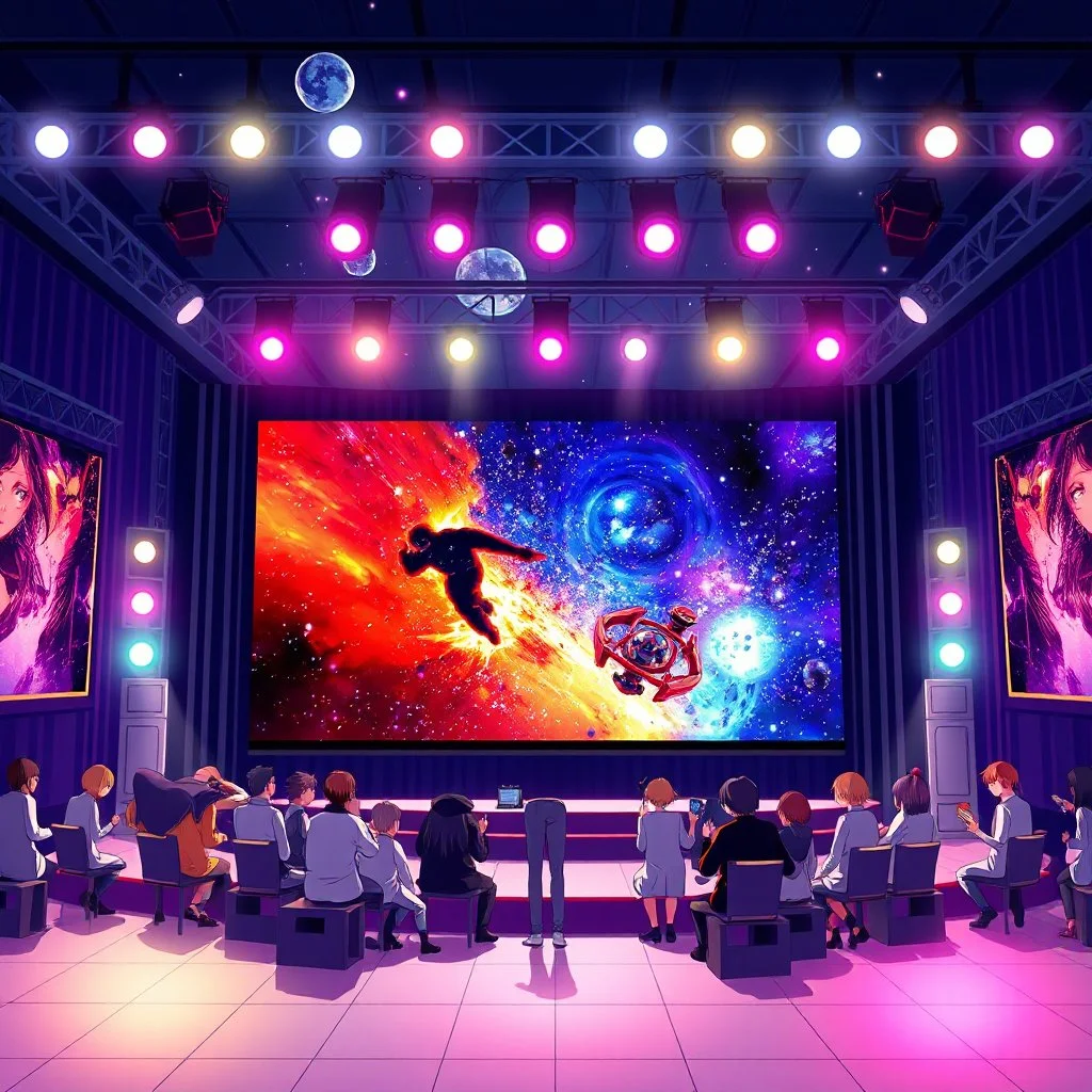 poster for a party with anime music videos galaxy theme stage with big screen