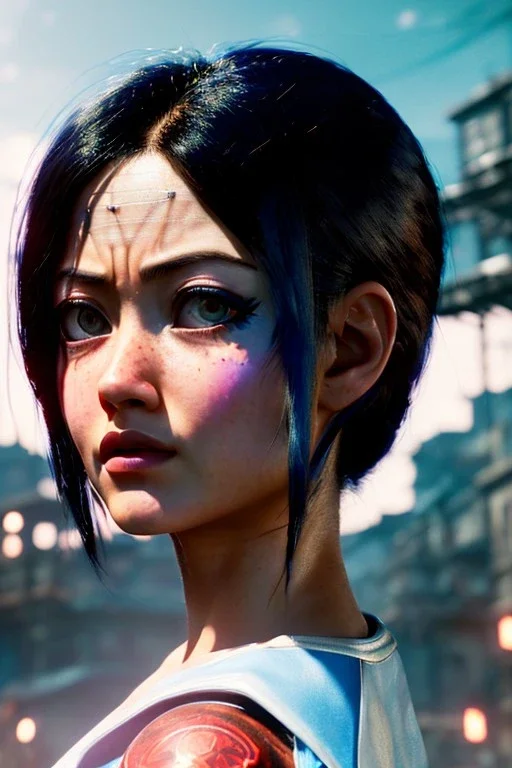 Alita battle angel, portrait from waist up, intricate eyeliner, vibrant eyeshadow, clear completion, soft lighting, 4k resolution, intricate details, insanely detailed, white tank top, vibrant Japanese style tattoo sleeve, colorful cityscape background, masterpiece, expert, cinematic smooth, retroanime style, realistic details