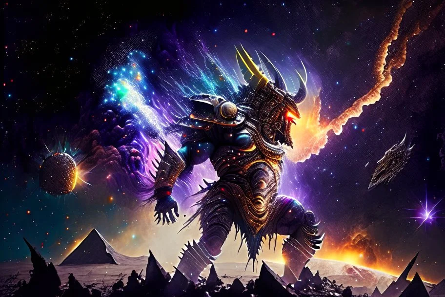 photorealistic gigantic marauder space aztec warrior made of stars and sparks battling a nightmarish dragon, galactic multiverse, infinity vanishing point, gigantic exoplanet quasar thunderstorm