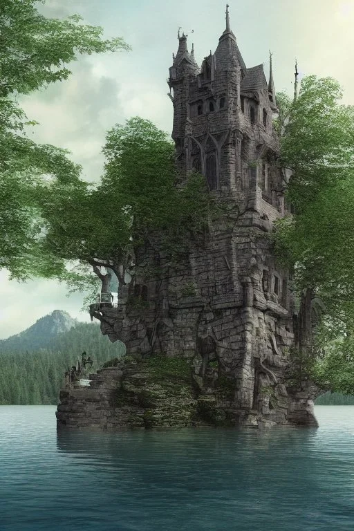 3-story Fantasy Gothic Tower with An Observation Platform, On A Rocky Island, In A Lake, In A Fantasy Woodland, with a bridge