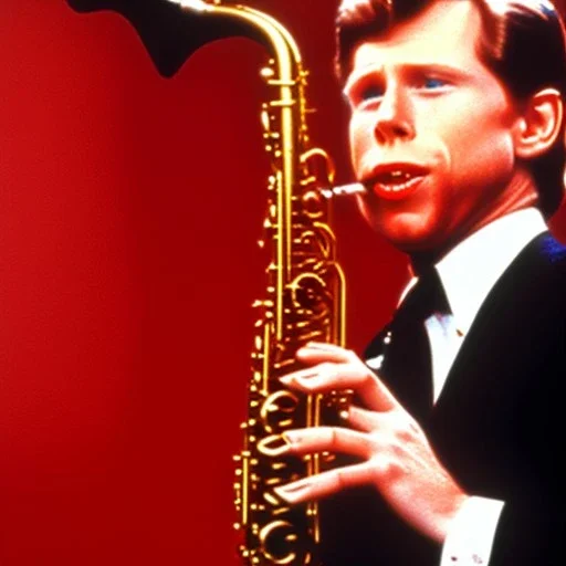 REd-haired Ron howard Is richie from happy days playing his saxophone with his "eyes closed", rock band, embouchure, joanie cunningham