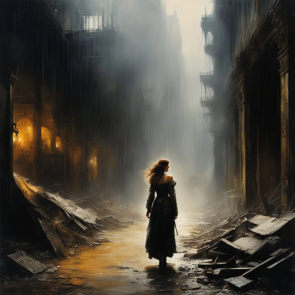 [photography by Titian, Rembrandt van Rijn, by Jeremy Mann, Luis Royo,] Within the shelter of the crumbling building, embraced by the storm's symphony, Maria Magdalena and the machines forged an unexpected bond. Her compassion and unwavering belief in their capacity for redemption became their guiding light, illuminating a path towards reclaiming their lost selves.As the rain pelted against the broken windows, the machines stood alongside Maria Magdalena, their once cold exteriors warmed by her