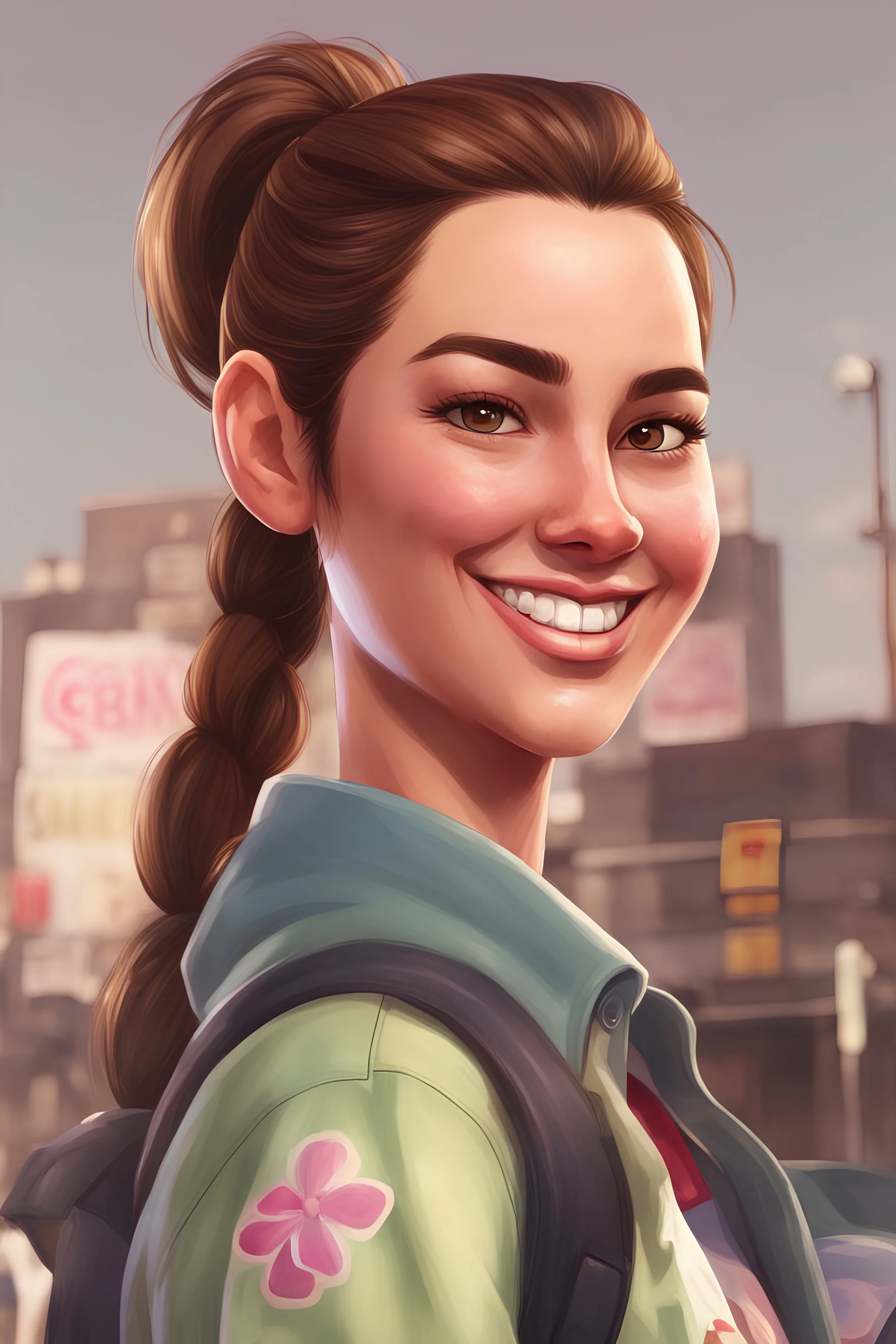 gta, woman, brown hair, ponytail, sweet smile, brown eyes,