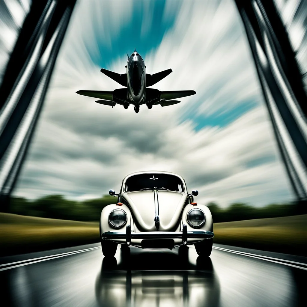 a high definition screen shot of a jet-fighter vw-beetle, retrofuturistic, phototrealism, in flight, one subject,