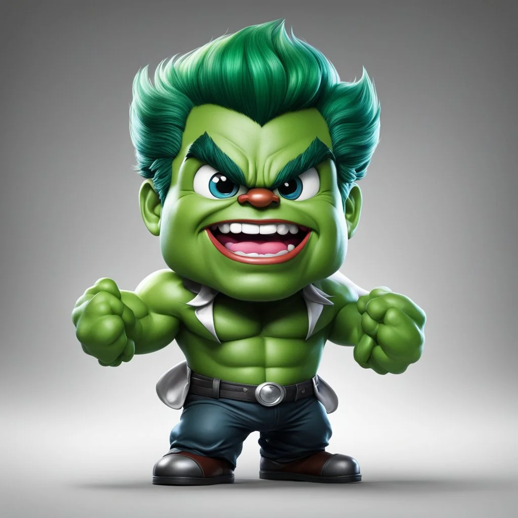 chibi cute caricature of Hulk as a 1950's clown, surrounded by will-o'-the-wisp, elegant, close wiew, dynamic pose, photorealistic rendering --ar 2:3 --stylize 500 --v 6