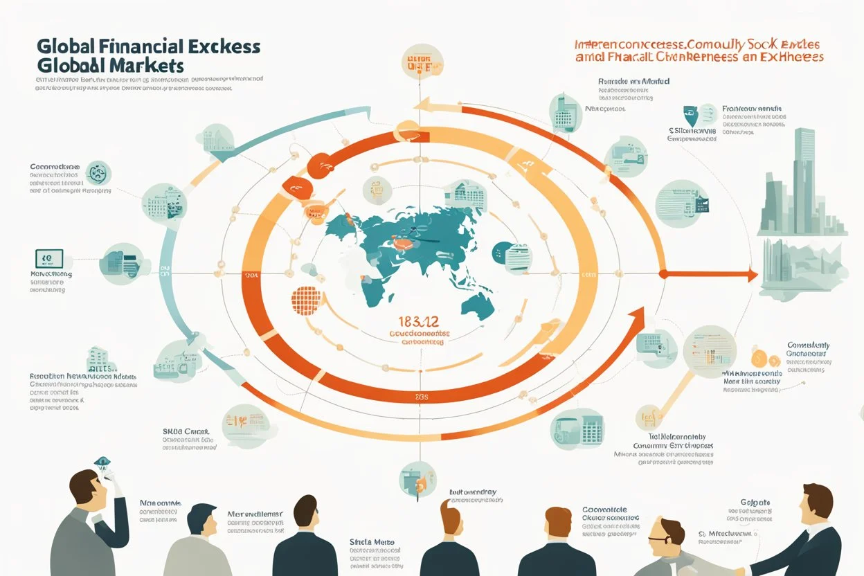 An infographic showing the interconnectedness of global financial markets, including stock exchanges, commodity markets, and bond markets. flat. No text