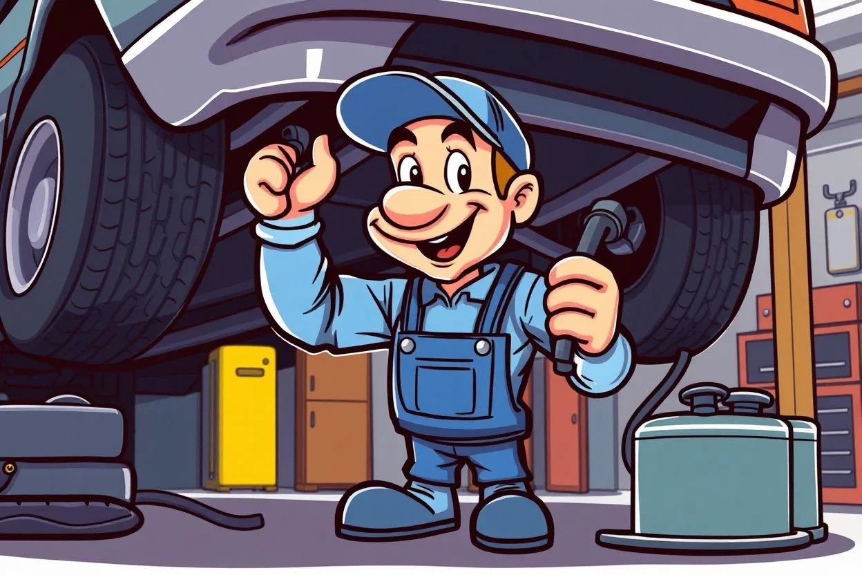 retro cartoon mascot of a vehicle mechanic, under a vehicle doing an oil change