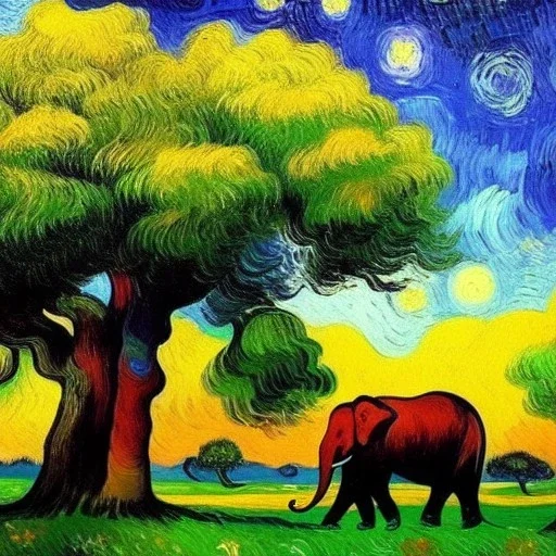 Dibujo al oleo de un elefante indio pintado con muchas nubes de colores con árboles baobab gigantes, estilo Vincent van Gogh 8k