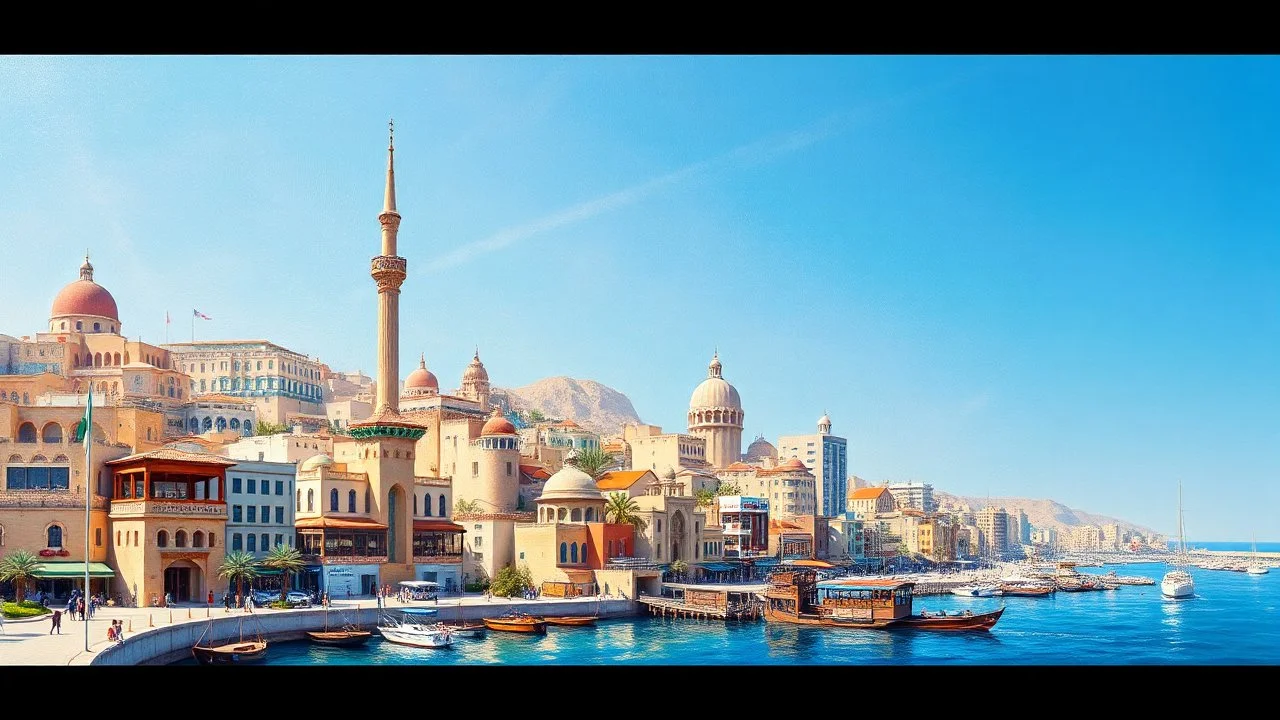 A realistic oil painting of the city of Ajman, UAE, with vibrant colors and intricate details, by Thomas Moran or Claude Monet. The painting captures the beauty and charm of this bustling city in a stunningly lifelike manner. (long shot), clear blue sky, reflecting off the water, 4k resolution