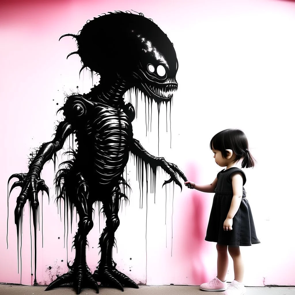 Banksy style graffiti of a xenomorph holding out a head to a little girl, graffiti 2d wall mural, minimalism, pink and black hues