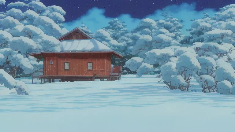 Masterpiece, Clear sky, 1cabin, woods, maunten, snowy,