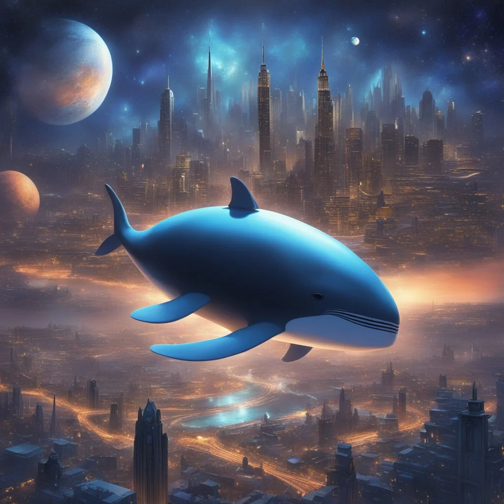 A future city on the back of a heavenly whale swimming in space filled with stars and planets