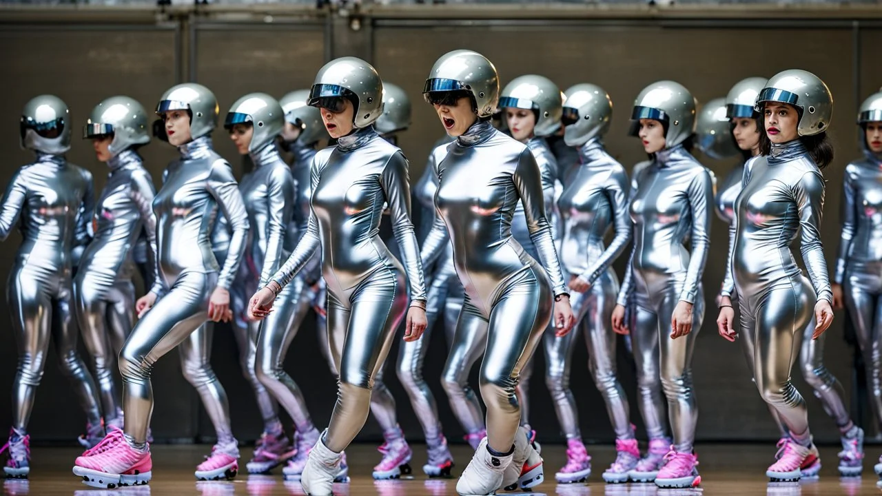 Hyperrealistisch dutzende Rollergirls völlig verhüllt von silber glänzendem Ganzkörper-Zentai mit geschlossenem verspiegelten Visier in identischen silberfarbenen, geschlossenen Helmen fahren in präziser Formation parallel nebeneinander und hintereinander mit Rollschuhen