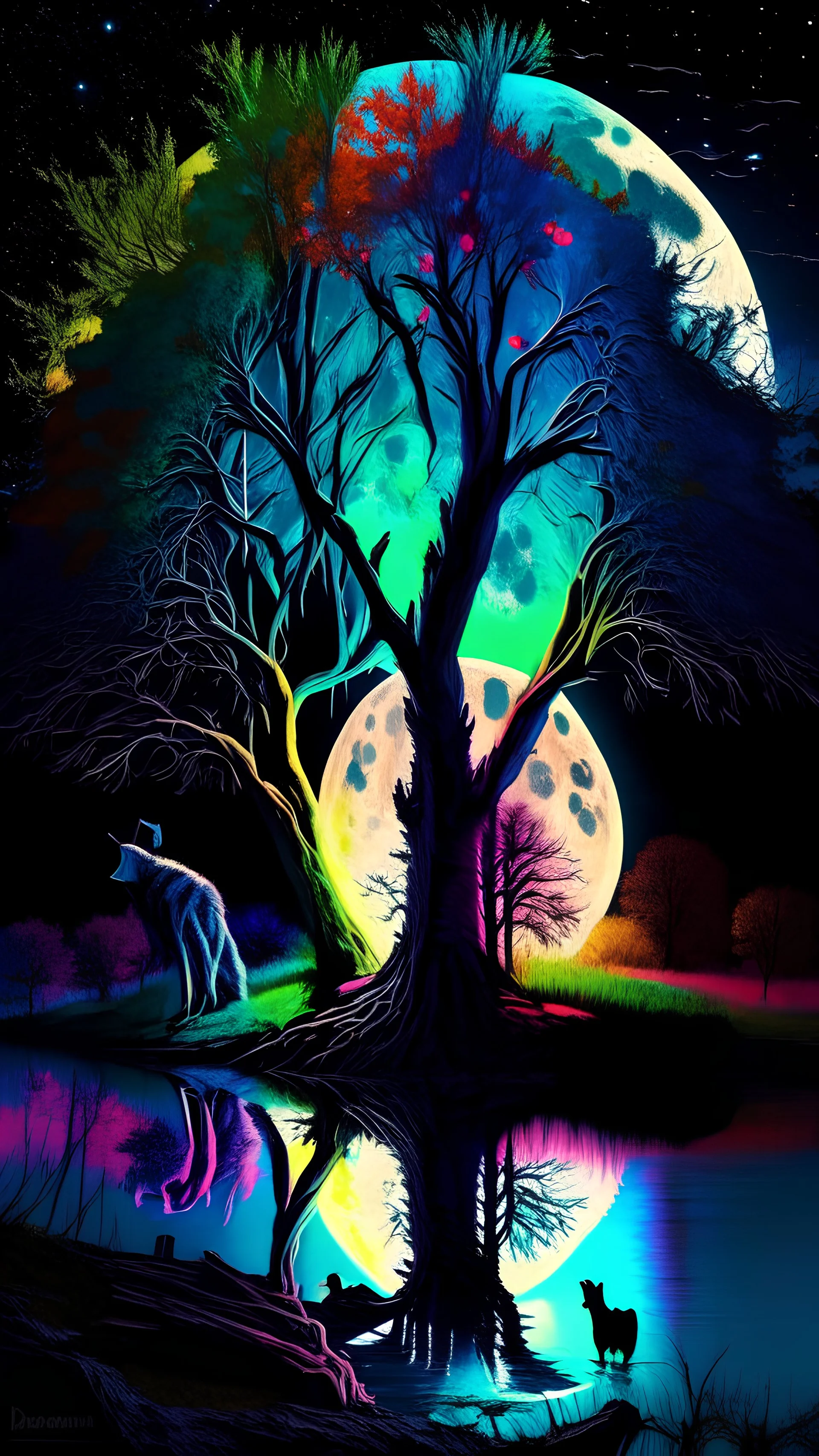 A colorful 5feet trees near river shining in the night reflection of moon light. wolves next to the tree howling at the moon.