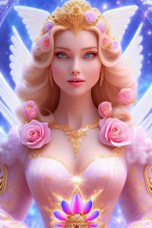 Magnifique woman,femme galactique du futur, lady fairy, facing happy, voluptuous white, pink enchanted flowers, wings magic, long big dress, pink outerspace stars planets, Beautyful smiling, young woman, long hair amazing blue eyes, flowers, happy cosmic, bright colors, blue, pink, gold, jewels, realistic, photo real, clear sunny background, highly detailed, high contrast, 8k high definition, unreal engine 5, extremely sharp detail, light effect, sunny light background