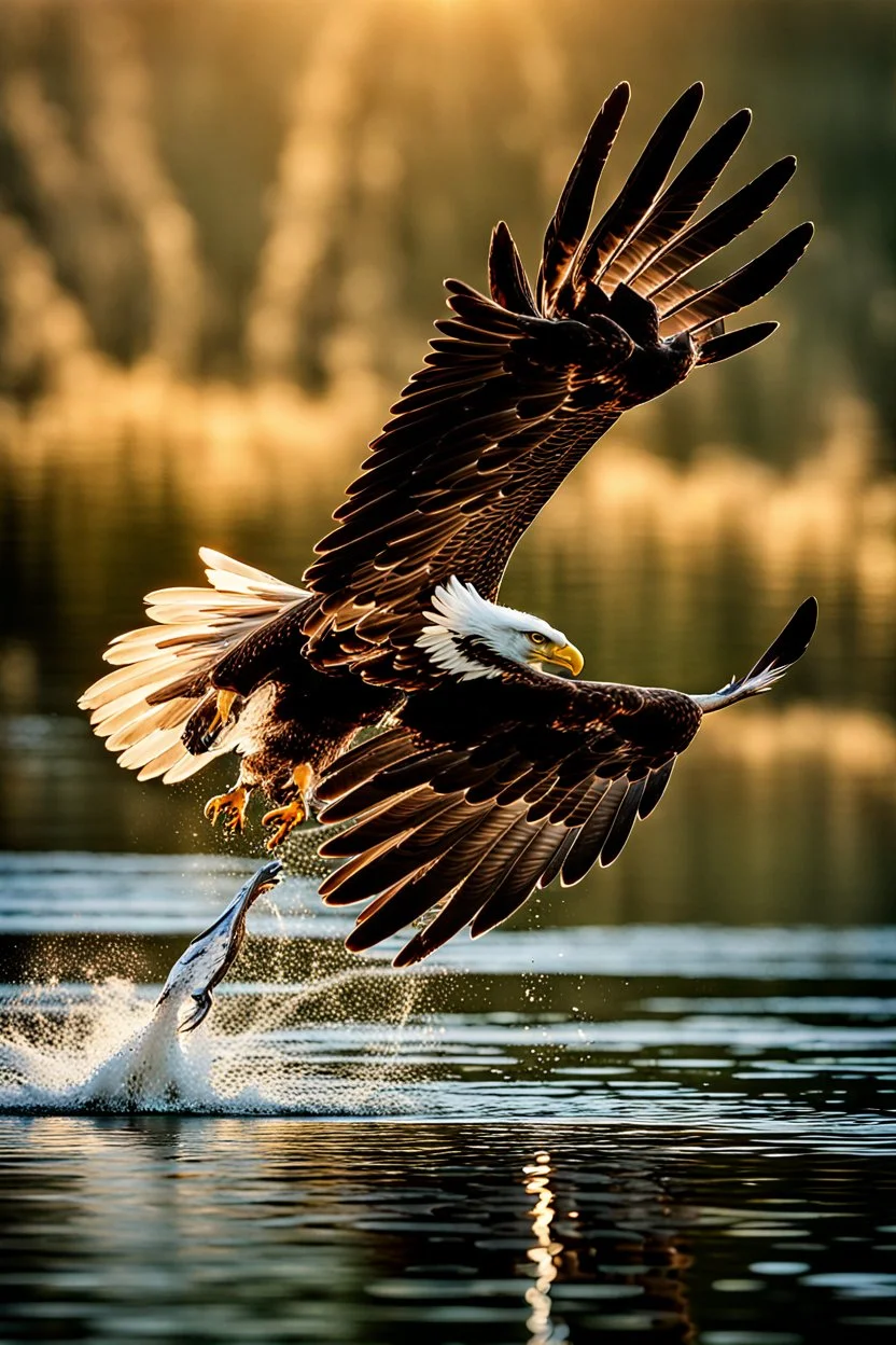 An image capturing a majestic eagle in flight, gripping a large fish in its talons as it soars above a winding river. The sunlight glistens on the water below, and the eagle's powerful wings spread wide against the sky. The scene showcases the eagle's incredible hunting prowess and the dynamic beauty of the natural world.