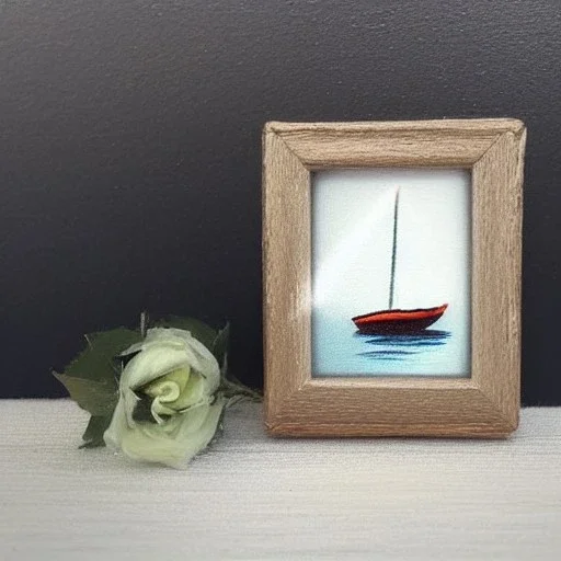 tiny oil painting of tiny sailboat, tiny white canvas, tiny white frame, melancholy, tender, moody, vintage, delicate arrangement, beautiful composition, etsy, aesthetic layout, plain solid white background