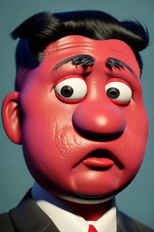 Waist up muppet Portrait, Kim Jong-un muppet doll, black suit, photo studio, red background, unreal engine 5, concept art, art station, god lights, ray tracing, RTX, lumen lighting, ultra detail, volumetric lighting, 3d.