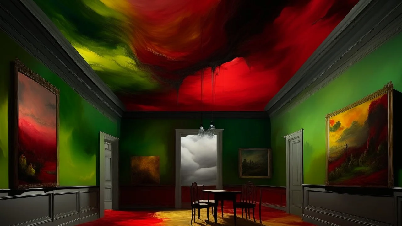 A surreal, painterly scene unfolds within a room that appears to be a canvas itself. The upper portion of the wall is dominated by abstract, expressive strokes of vibrant red, bleeding into muted greens and yellows, suggesting a stormy or emotional sky. A single, dark pendant lamp hangs from the ceiling, casting a subtle light.