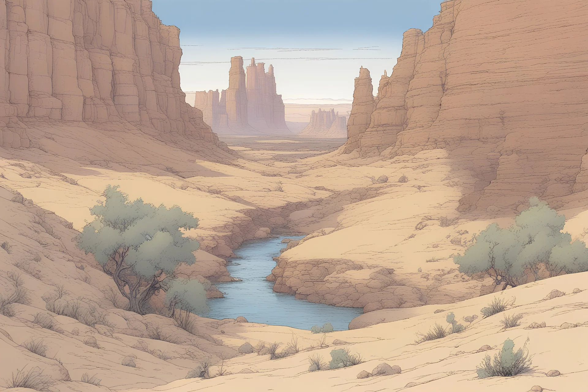 create an ethereal alien desert canyon land with a little alien flora in the comic book style of Jean Giraud Moebius, David Hoskins, and Enki Bilal, precisely drawn, inked, and colored