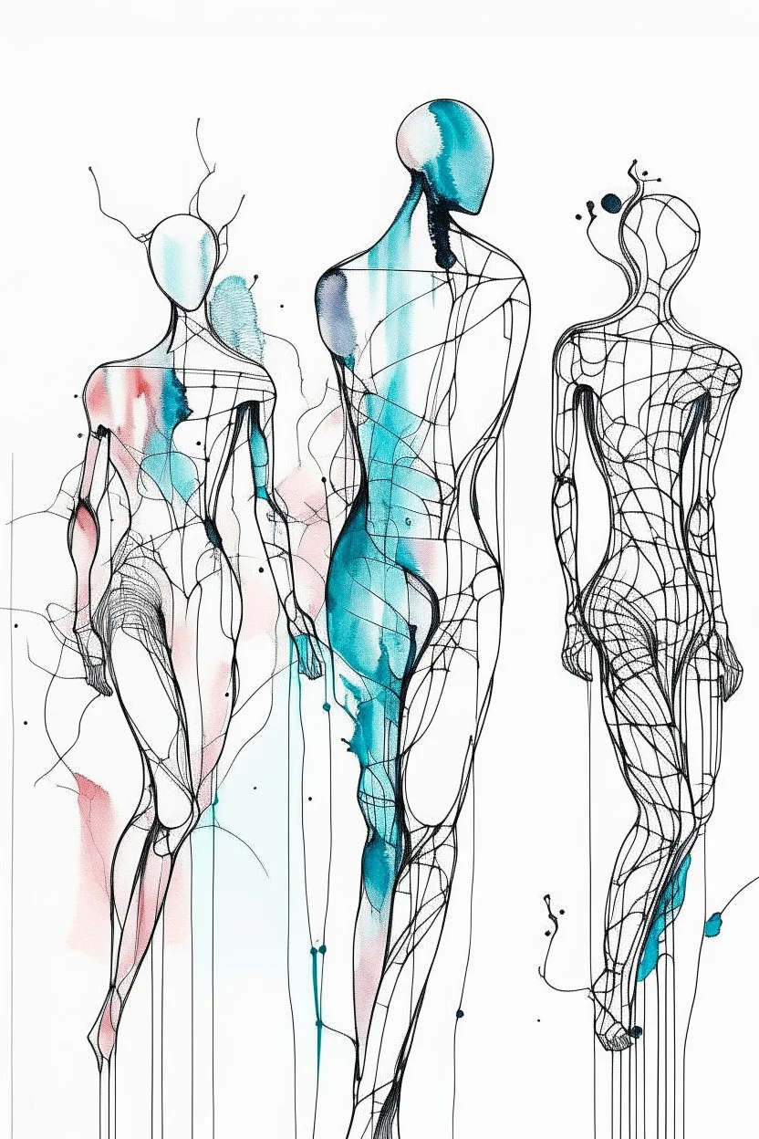 Ink drawing graphics human figures , line drawing, white background, negative space, splashes of soft colours