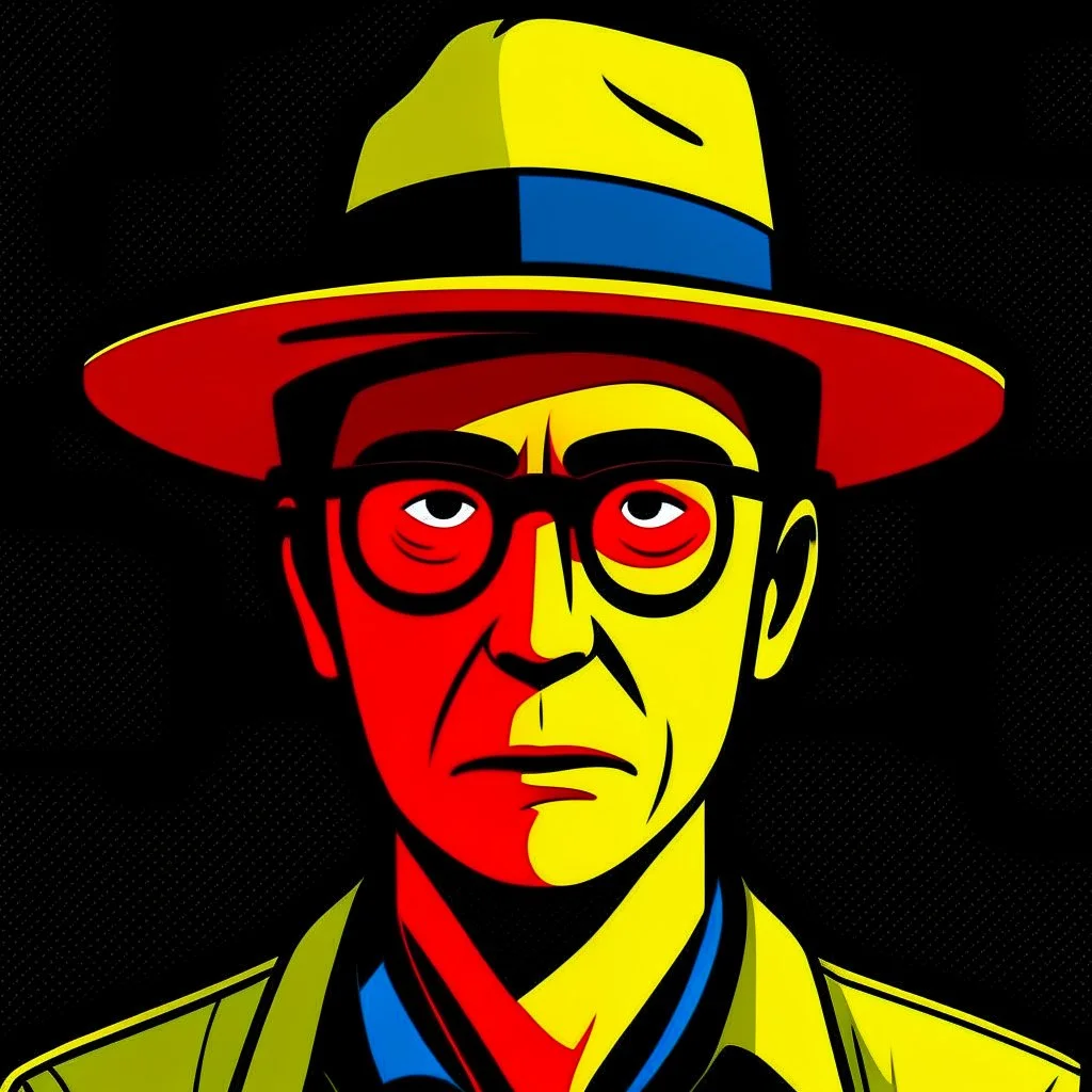 (Without glasses : 1.5) Gustavo Petro, comic style artwork, dark yellow, black, red and blue, with wide-brimmed hat, with white shirt, calm,