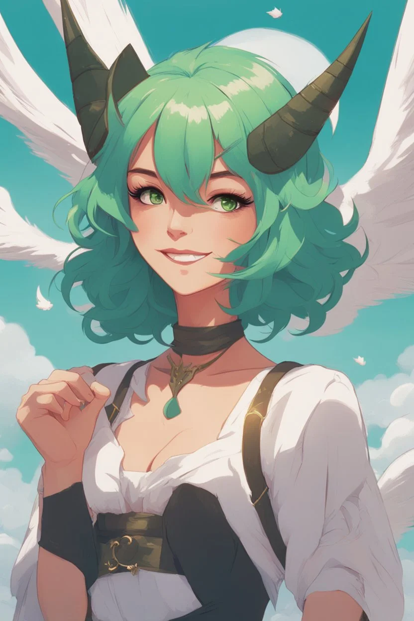 concept art of a beautiful smiling woman with green hair, by Krenz Cushart, clouds, detailed digital artwork, illustrative, key visual, highly detailed, cinematic composition, free, liberation, holy light, majestic, magical, devil wings, pointy dog ears, high contrast,