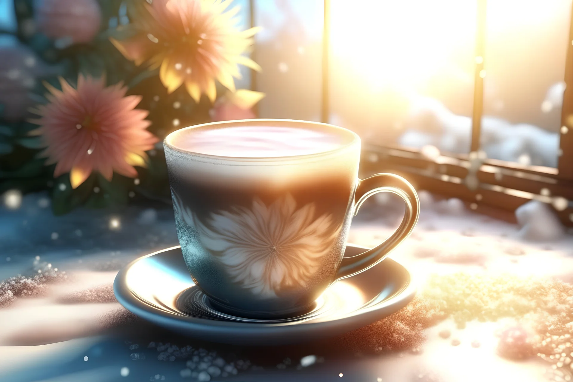 frost and sun outside, a cup of coffee on the table, flowers and a fir branch, soft light, glitter, beautiful, 5d, Vint, realistic, high resolution, hyperrealism, 300dpi, highly detailed digital painting, realistic, sequins, pink, mint, white, gold, glitter, octane, highlights and iridescence Sparkling snow, sunny