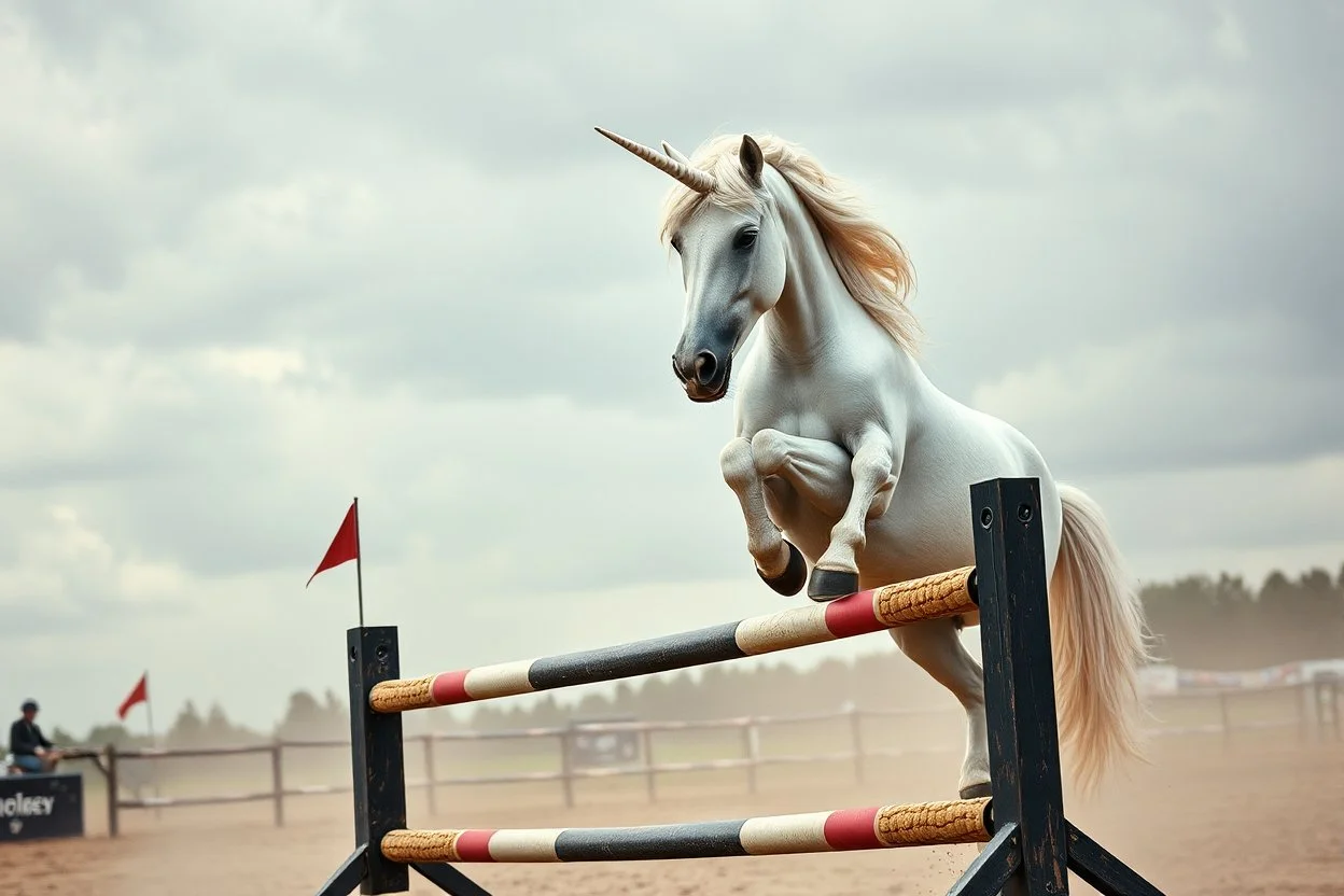 Realistic unicorn with a long silvery mane and white fur jumping over an obstacle on an equestrian show jumping course, realistic, grainy photography, gritty image, cloudy sky, dust