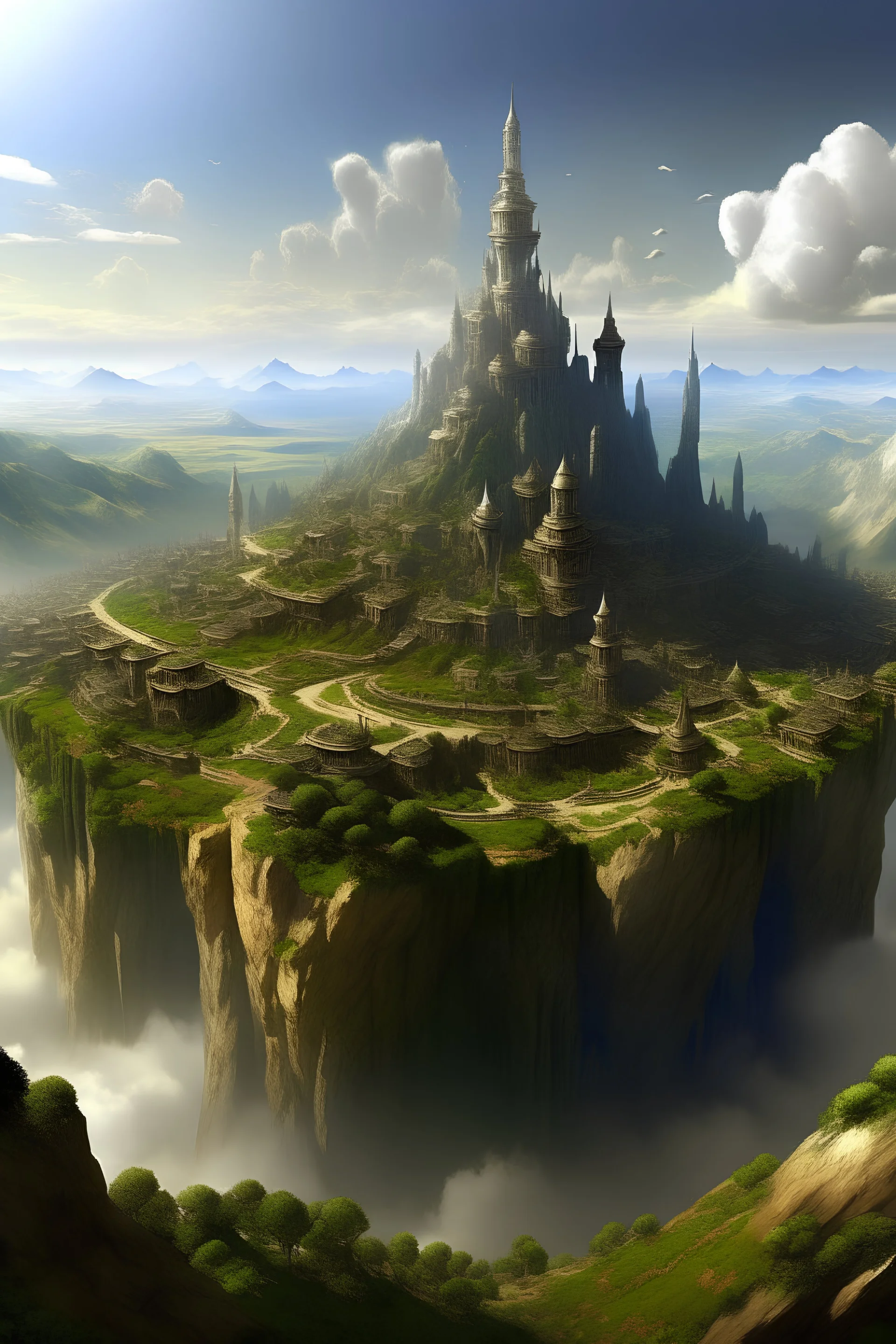 high fantasy city surrounded by a large plain sitting on top of a cliff