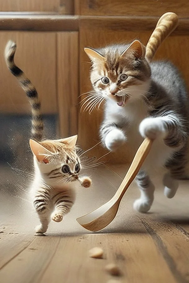 mother cat chasing baby cat with wooden spoon