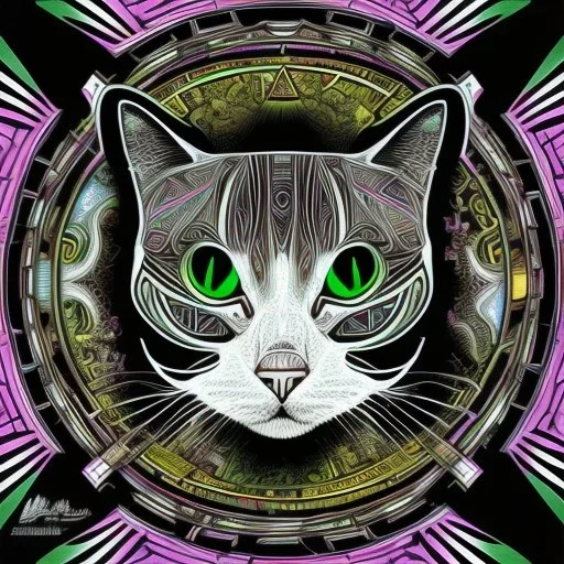 mystical black and white cat stretches on a psychedelic pyramid