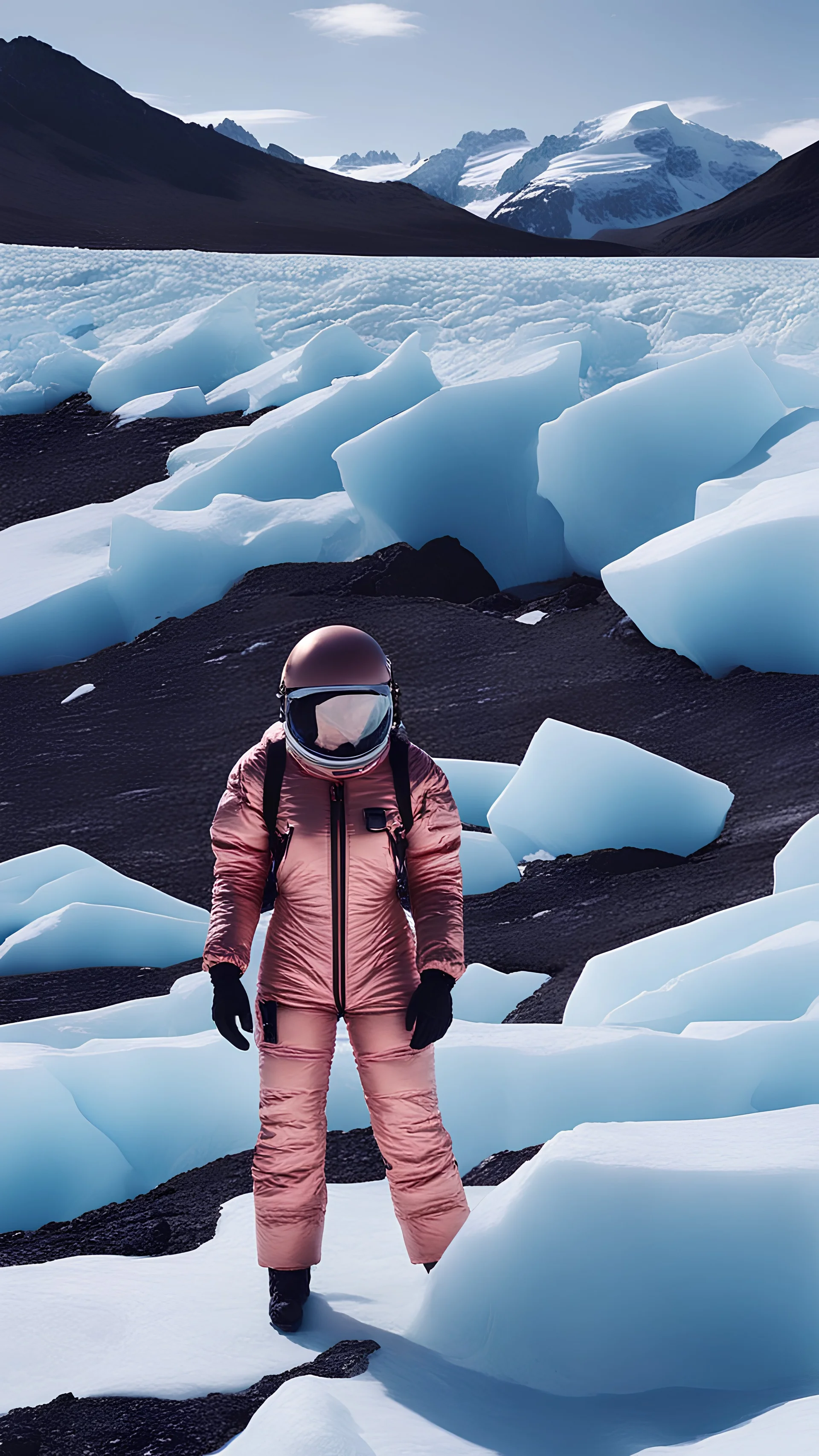 minimal ,Fashion film in the icefields of Patagonia, a stunning supermodel in an incomplete Astronaut pink bronze suit discover the icefields and giant iceblocks and icebergs using stunning poses we can see her face through the glass . Supreme landscape, inticate background and a minimalist composition that creates a great megalophobia effect. Old lens, old Kodak vision filmstock, 1600 iso.