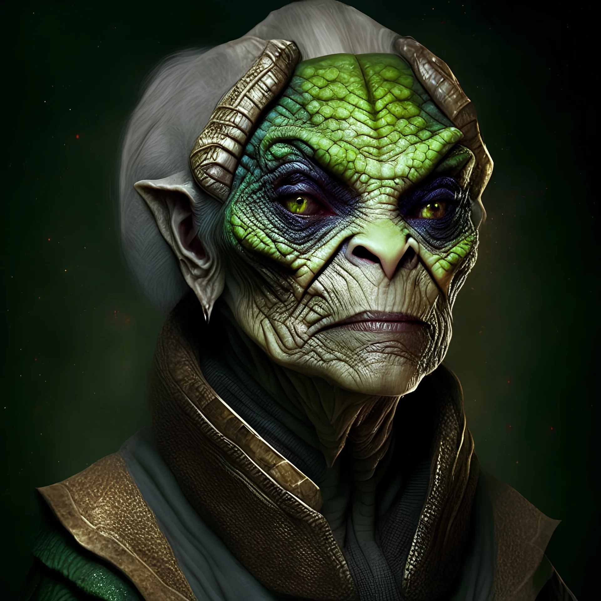 portrait of old female reptile-person as a space xaman