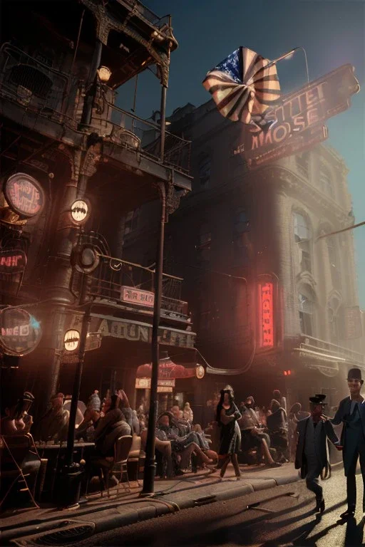 American shot view, cabaret scene, steampunk. old Asian man + little monkey, Sunglasses, smoking, happy, hot. Many people background, highly detailed, concept art, unreal engine 5, god rays, ray tracing, RTX, lumen lighting, ultra detail, volumetric lighting, 3d, finely drawn, high definition, high resolution.