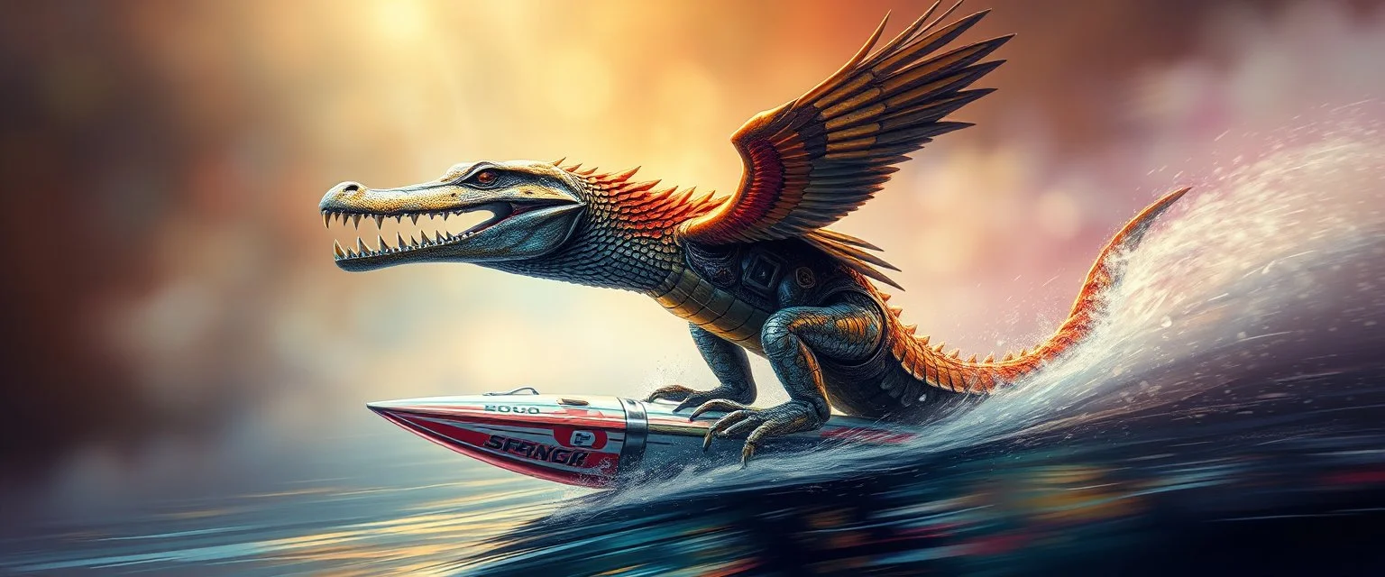 airbrush and pen outline, master oil painting by Rembrandt, chrome eagle crocodile man viggo sandvik as insane eel wild ginger robot on surfboard boat trike , goa trance glitch poster, background motion blur, volume fog with light rays