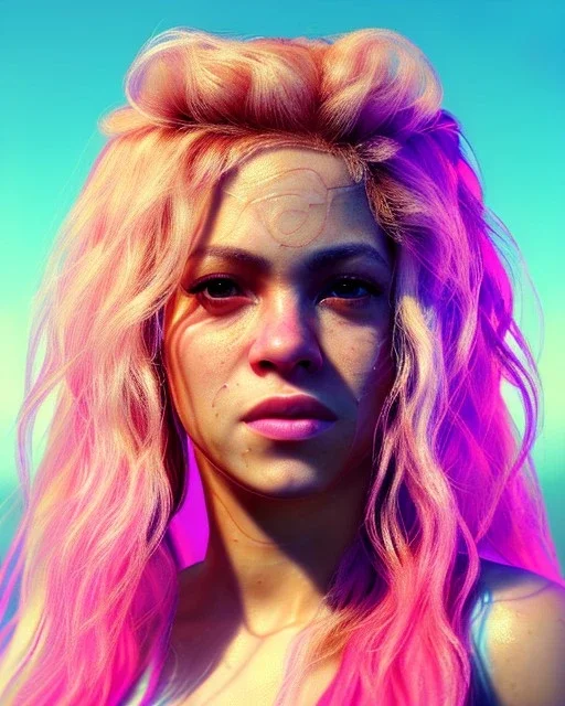 portrait, Shakira, blonde artist, Realistic image, drinking a strawberry milkshake, pink line make-up, sweat, fog, goddess style, Neon colors, leds. Color background, photo studio, concept art, smooth, unreal engine 5, god lights, ray tracing, RTX, lumen lighting, ultra detail, volumetric lighting, 3d, finely drawn, high definition, 4k.