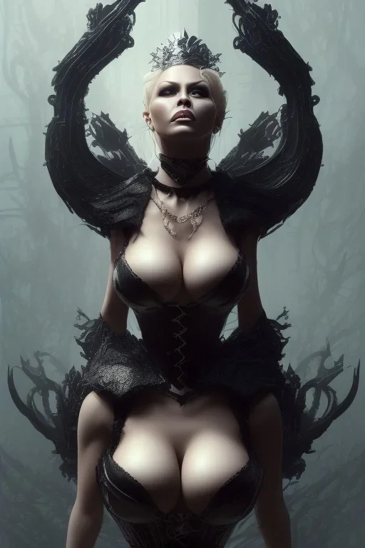 Pamela Anderson as evil queen in black leather, leather, busty, cleavage, angry, stern look. character design by cory loftis, fenghua zhong, ryohei hase, ismail inceoglu and ruan jia. unreal engine 5, artistic lighting, highly detailed, photorealistic, fantasy