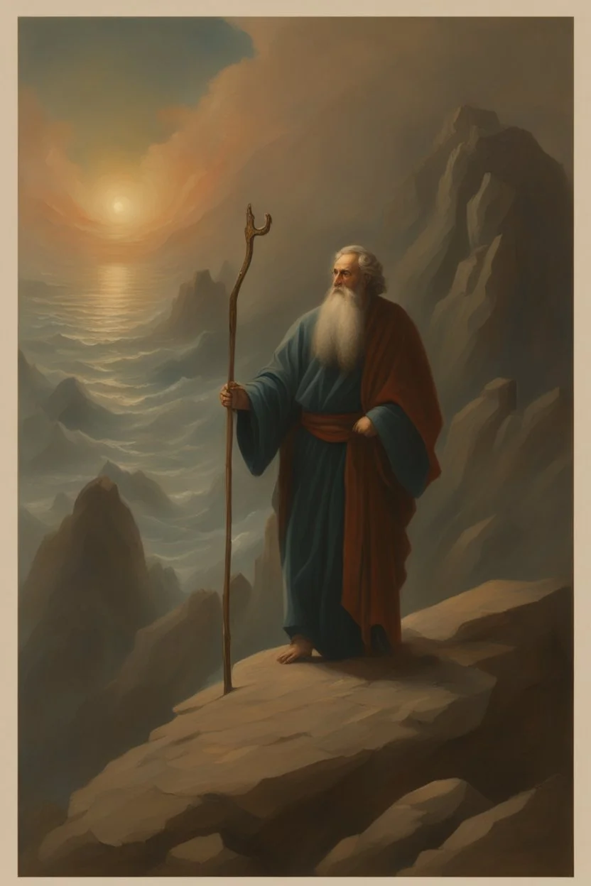 Moses stands on a mountain and holds a crooked wooden staff. Aaron is next to HIM, and there are a lot of Jewish people crossing the sea by land below. There are walls of water on both sides to the right and left of them. There is a silhouette of God in the sky. Everything is painted in oil painting with high-quality drawing of details