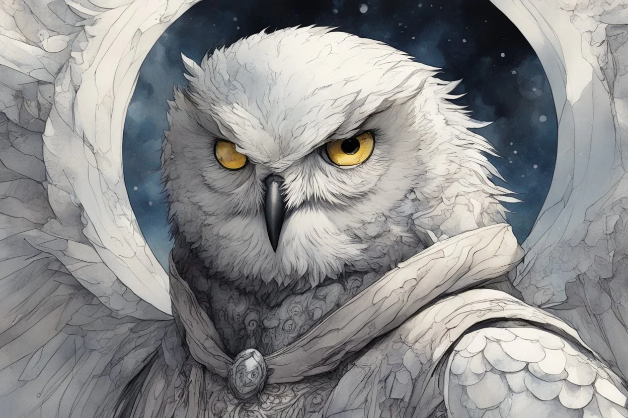 ink wash and watercolor concept illustration of a whimsical hybrid Snowy Owl girl character, ornately dressed with highly detailed feathers and facial features in the comic book style of Bill Sienkiewicz and Jean Giraud Moebius, with a fine art aesthetic, highly detailed , boldly inked, 4k UHD cinegraphic quality