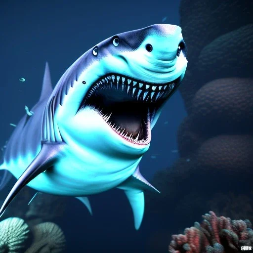 Aquatic angry shark creature with bioluminescent bodyparts, unreal engine 5, 8k resolution, photorealistic, ultra detailed