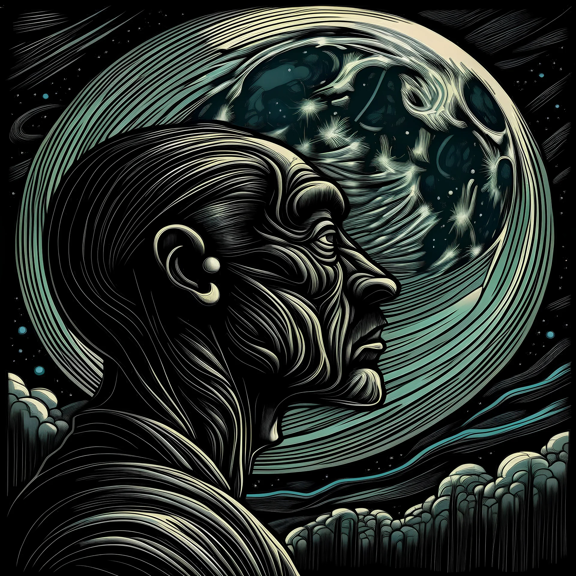 Man mesmerized by the moon, by Pedro Friedeberg, dark colors, complex contrast, dynamic composition