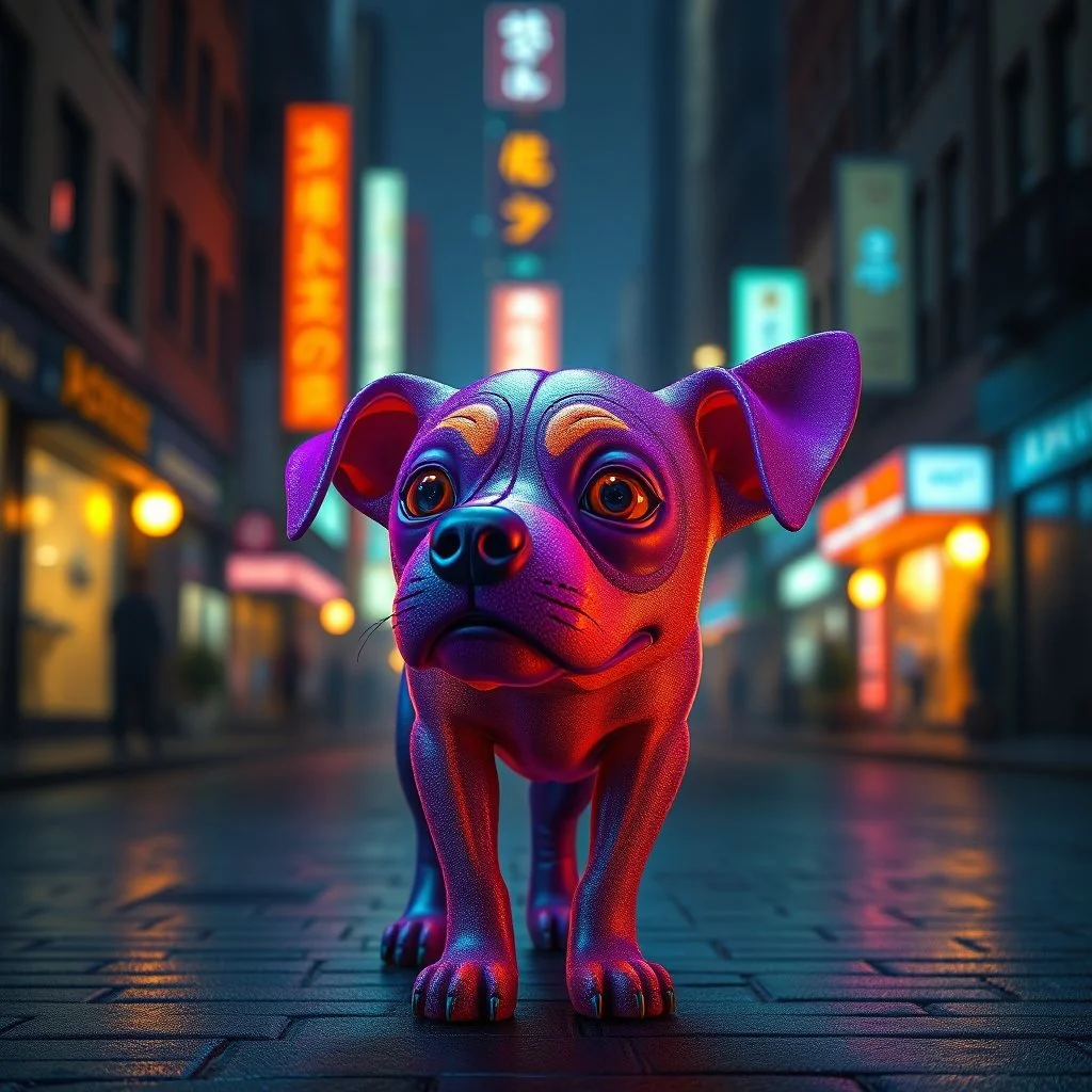 a PURPLE AND ORANGE DOG, BIOLUMINESENT, IN A DARK CITY , HIGH DEF, VRAY, 8K 3D