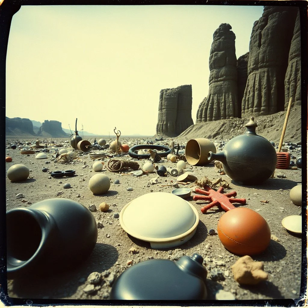 Photography polaroid close-up of a wasteland landscape with many objects in Yves Tanguy incomprehensible style, Surrealism, glossy, organic, funny, strong texture, fiotti di liquido nero, panic, obsessive, hypnotic