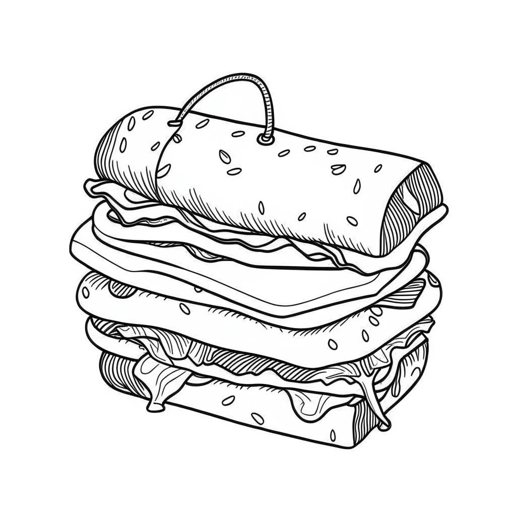 Coloring page for toodlers, with a sandwich, very Bold outlines and white background, minimum amount of details, very simple, very thick outlines