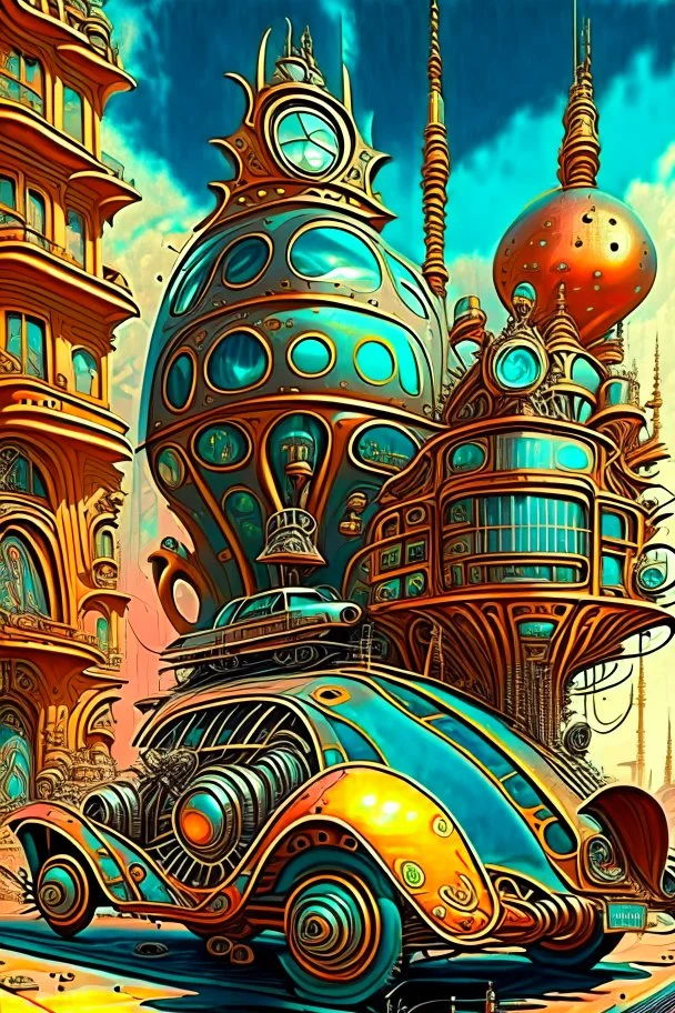 Cars and vehicles, steampunk sci-fi City, Chromolithography, weird, cinematic, psychedelic tableaux art, extremely detailed, high resolution, creative