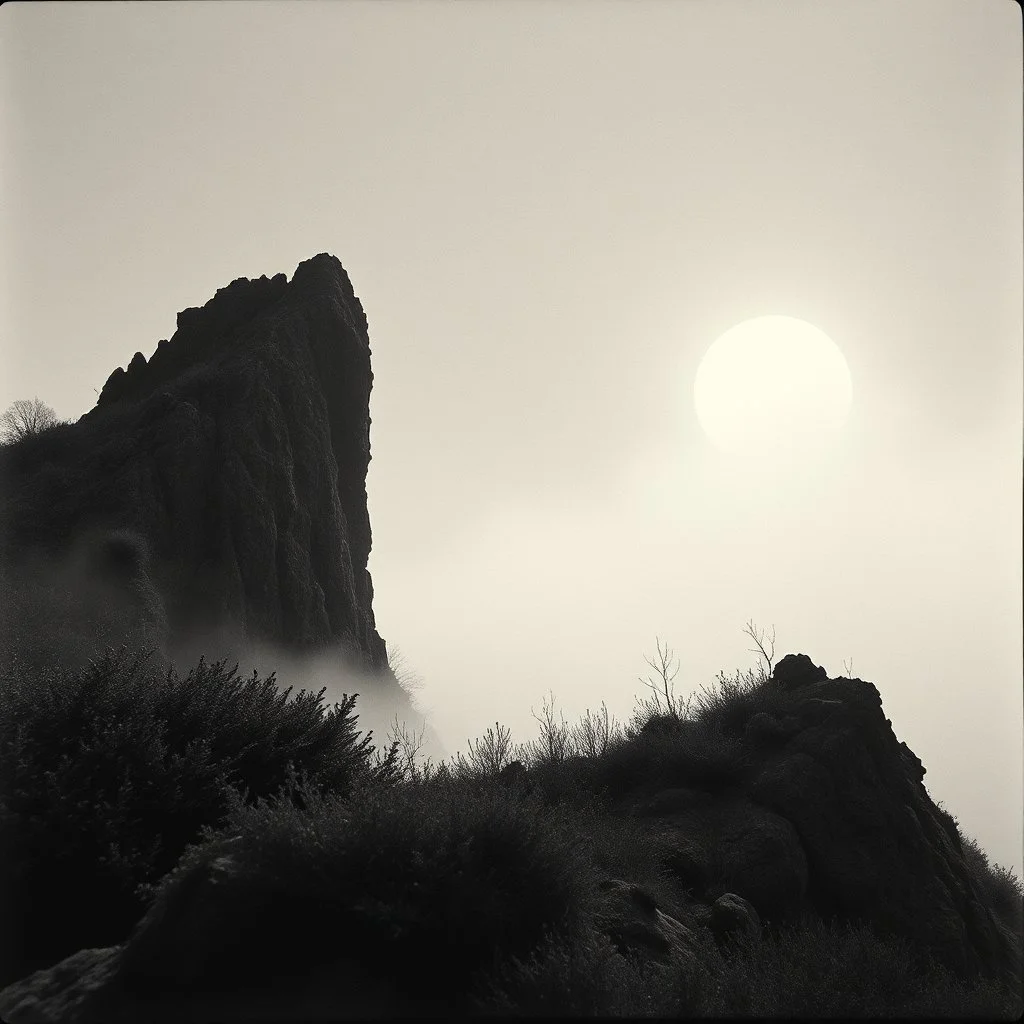 Close-up Ilford photograph of a creepy surreal landscape, rocky spur, eerie, no style, steep, autumn vegetation, very surreal, spooky, metaphysical objects, giant sun, intricate, thoughtful, appalling, deep 3d field, 8k, hypermaximalist, lot of fog