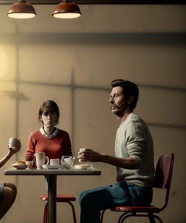 Realistic scene, man and woman sitting in cafeteria and having breakfast levitating, 0 gravity, Wes Anderson, soft color, highly detailed, unreal engine 5, ray tracing, RTX, lumen lighting, ultra detail, volumetric lighting, 3d, finely drawn, high definition, high resolution.