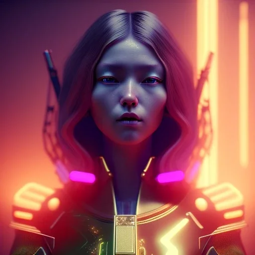 Short long gold hair Woman, samurai, cyberpunk, neon, highly detailed, art stations, concept art, smooth, unreal engine 5, god rays, ray tracing, RTX, nanite polygons, lumen lighting, ultra detail, volumetric lighting, 3d, finely drawn, high definition, high resolution, gradient background