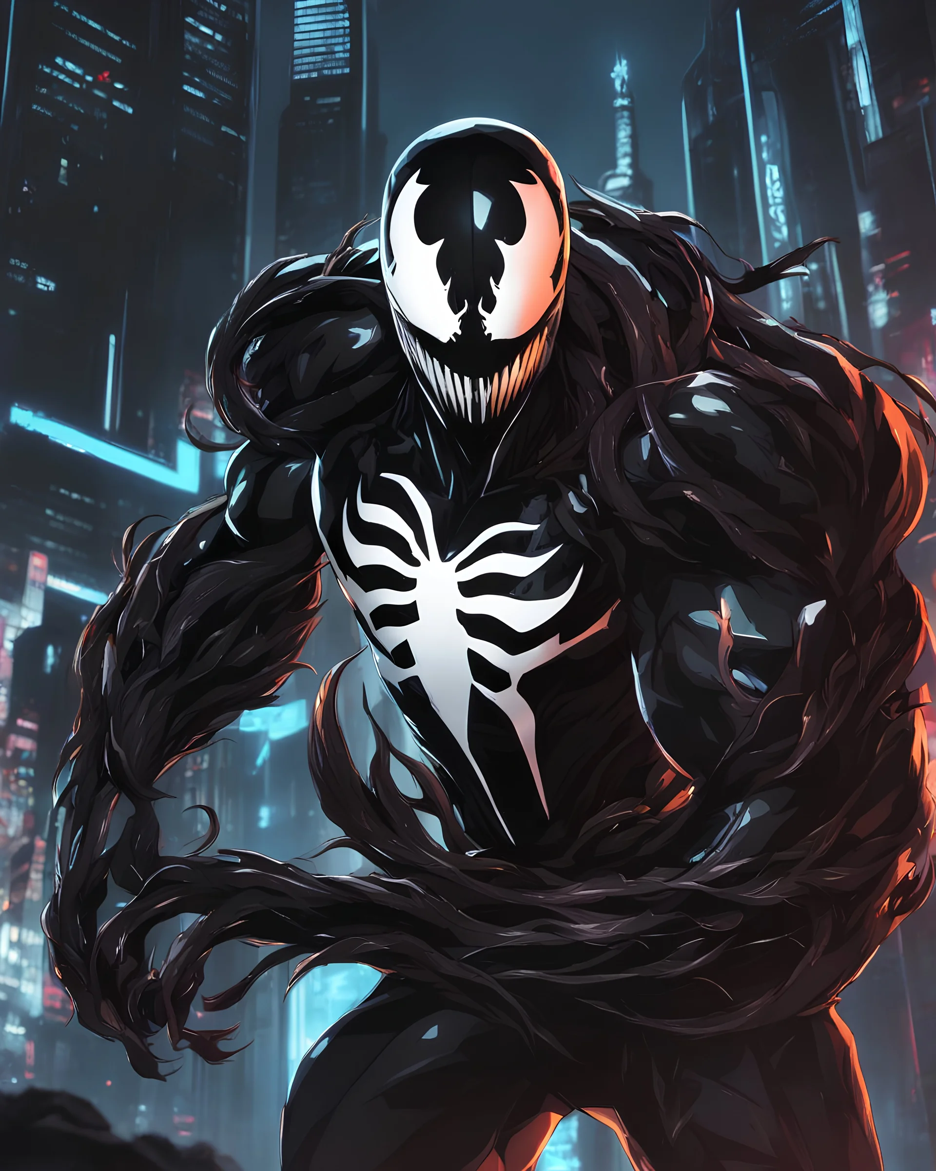 Venom mix with machine in solo leveling shadow artstyle, cyberpunk them, intricate details, highly detailed, high details, detailed portrait, masterpiece,ultra detailed,best quality